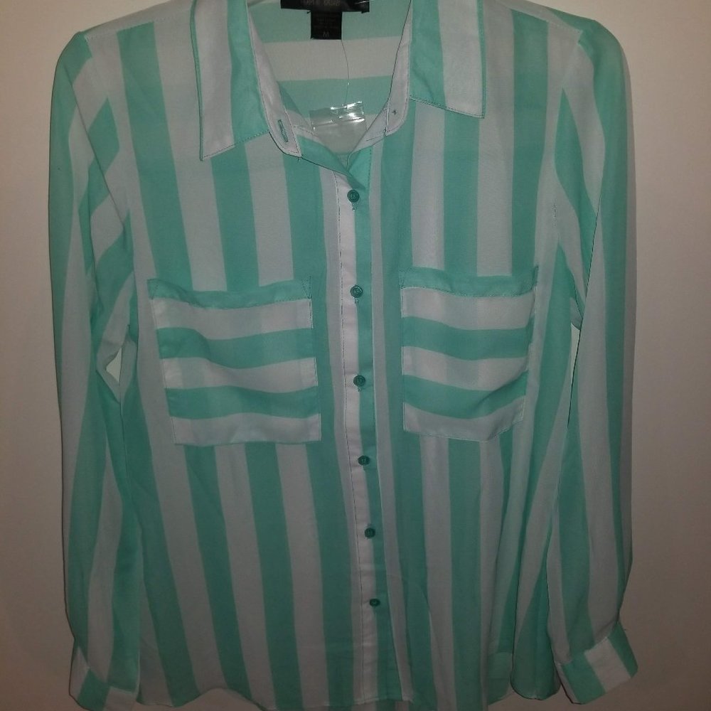 Green & White Striped Shirt Blouse by Lime Blue